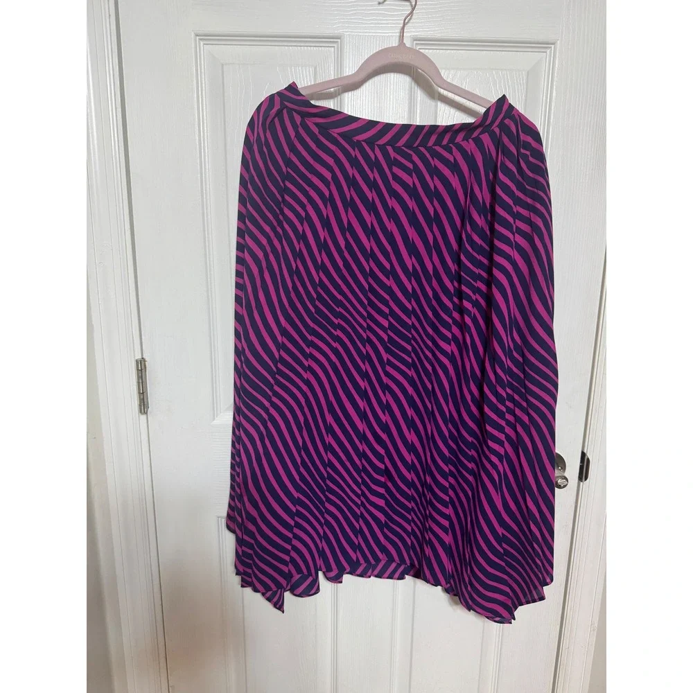Michael Kors Pink Navy Blue Wavy Stripe Pleated Midi Skirt Size 10 Accordion